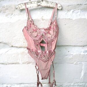 Pastel pink garden teddy bodysuit with built in garter belt  M